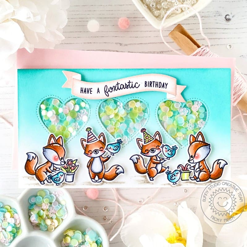 Sunny Studio Have a Foxtastic Birthday Punny Fox Heart Window Card using Foxy Friends 4x6 Clear Photopolymer Craft Stamps