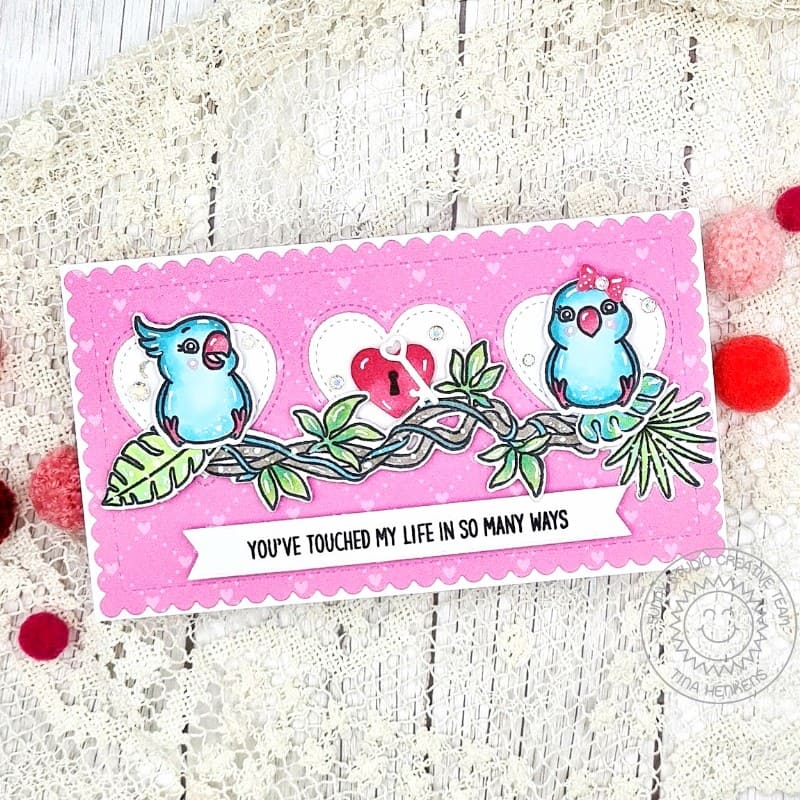 Sunny Studio Stamps Tropical Birds with Lock & Key Valentine's Day Card using Window Trio Heart Landscape Metal Craft Dies