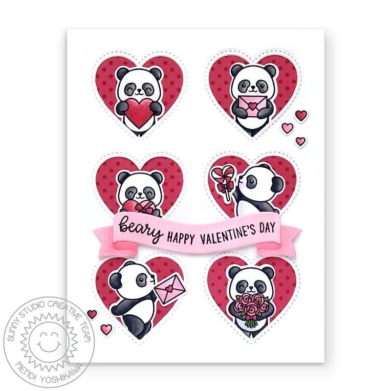 Sunny Studio Stamps Bighearted Bears Panda Red Valentine's Day Card using Window Trio Heart Portrait Metal Cutting Craft Dies