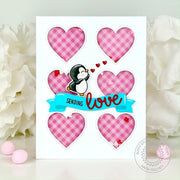 Sunny Studio Stamps Sending Love Penguin Valentine's Day Grid Card using Window Trio Heart Portrait Metal Cutting Craft Dies