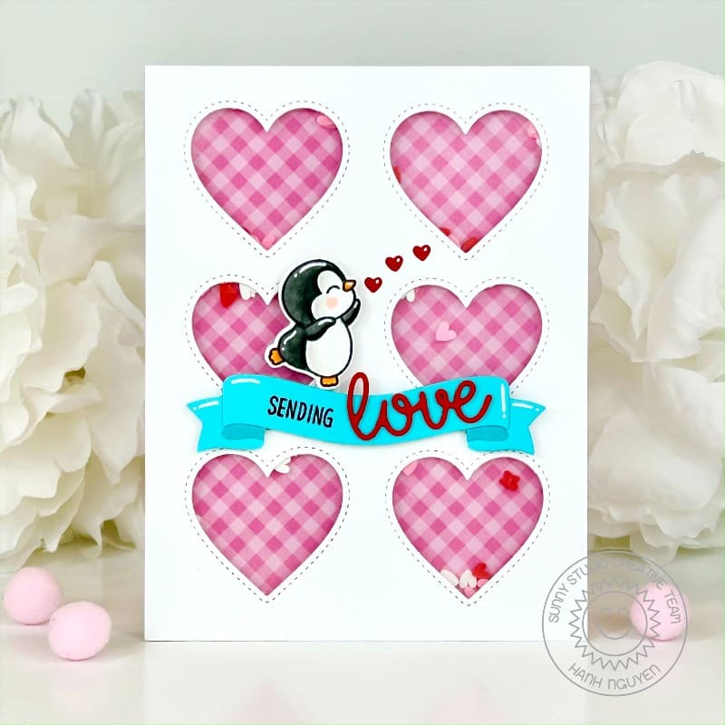 Sunny Studio Stamps Sending Love Penguin Valentine's Day Grid Card using Window Trio Heart Portrait Metal Cutting Craft Dies