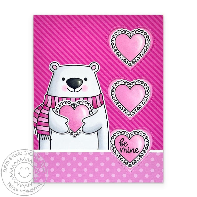 Sunny Studio Stamps Polar Bear Hot Pink Be Mine Valentine's Day Card using Window Trio Heart Portrait Metal Cutting Craft Die