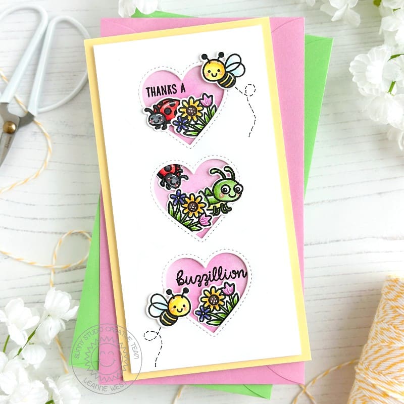 Sunny Studio Stamps Spring Bumblebee Honey Bee Thanks a Buzzillion Thank You Card using Window Trio Heart Portrait Craft Die