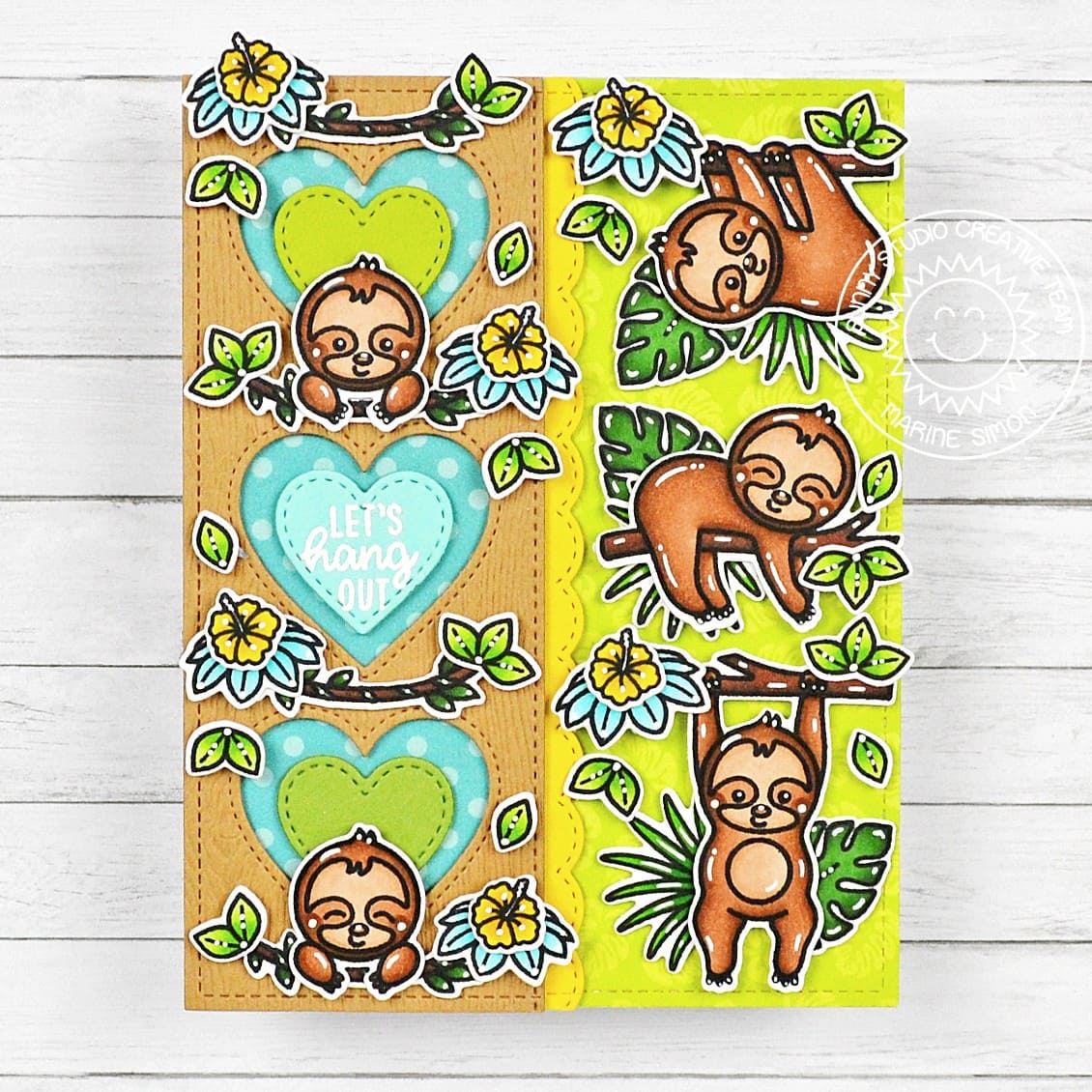 Sunny Studio Stamps Let's Hang Out Sloth Valentine's Day Card using Window Trio Heart Portrait Metal Cutting Craft Dies