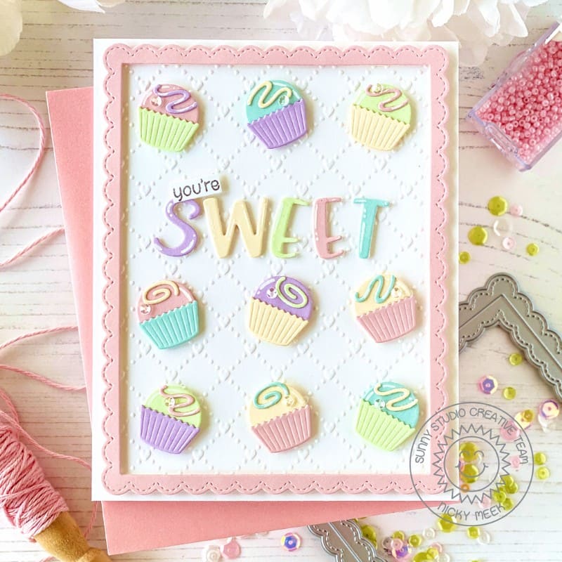 Sunny Studio Stamps You're Sweet Pastel Bonbon Scalloped Grid Card using Window Trio Heart Portrait Metal Cutting Craft Dies