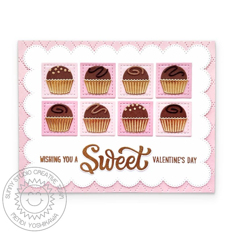 Sunny Studio Stamps Pink & Gold Sweet Chocolate Bonbon Valentine's Day Card using Window Trio Heart Portrait Metal Craft Dies