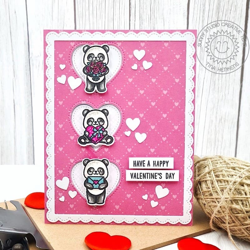 Sunny Studio Stamps Stitched Heart Panda Bear Pink Scalloped Valentine's Day Card using Window Trio Heart Metal Craft Dies