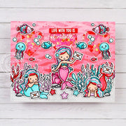 Sunny Studio Stamps Pink Mermaid Under the Sea Punny Valentine's Day Shaker Card using Window Trio Heart Landscape Craft Die