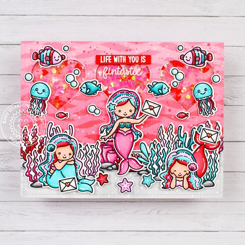 Sunny Studio Stamps Pink Mermaid Under the Sea Punny Valentine's Day Shaker Card using Window Trio Heart Landscape Craft Die