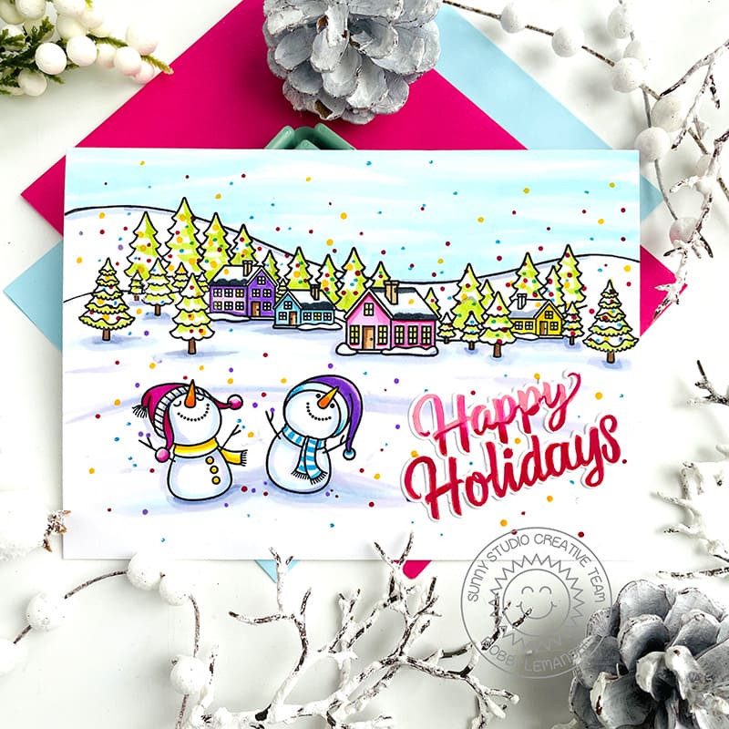 Sunny Studio Snowmen with Snowy Village Houses & Rainbow Snowflakes Holiday Christmas Card using Snowman Kisses Clear Stamps