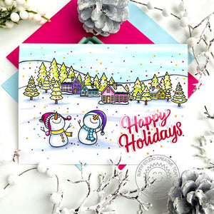 Sunny Studio Snowmen with Snowy Village Houses & Rainbow Snowflakes Holiday Christmas Card using Winter Scenes Clear Stamps