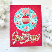 Sunny Studio Season's Greetings Poinsettia Wreath with Bow Red Plaid Christmas Holiday Card using Winter Wreaths Clear Stamps
