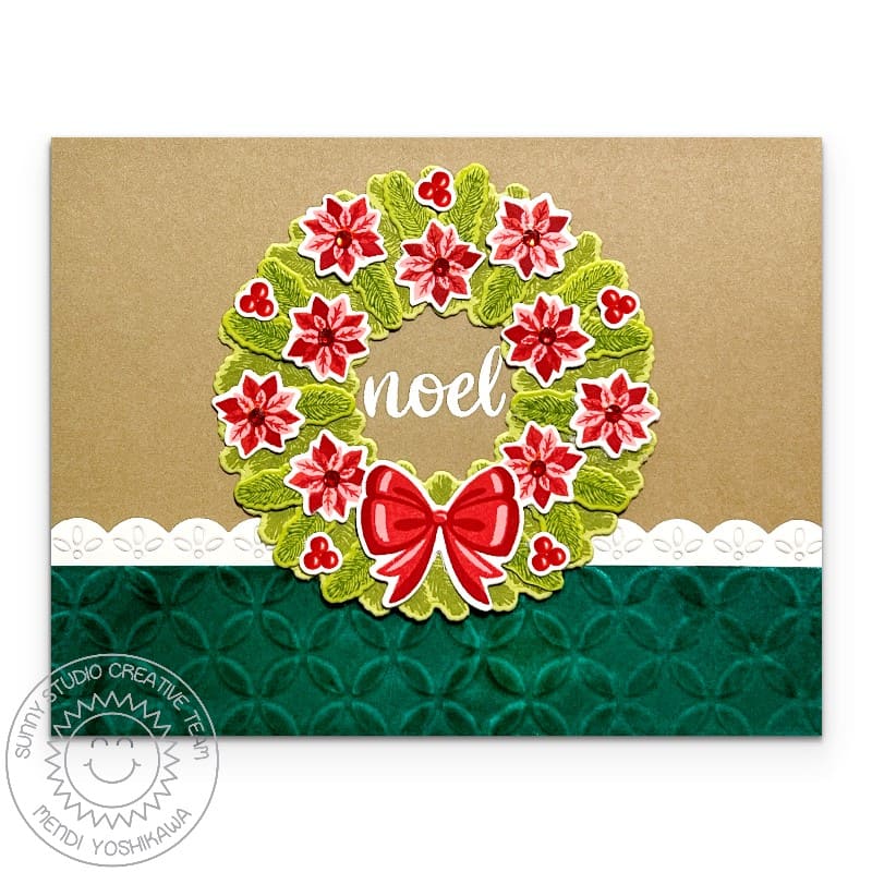Sunny Studio Stamps Poinsettia Wreath Embossed Handmade Holiday Christmas Card using Moroccan Circles 6x6 Embossing Folder