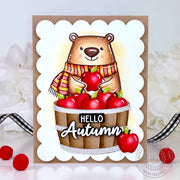 Sunny Studio Stamps Bear with Red Apples in Barrel Hello Autumn Scalloped Fall Card using Wood Barrel Metal Cutting Craft Die