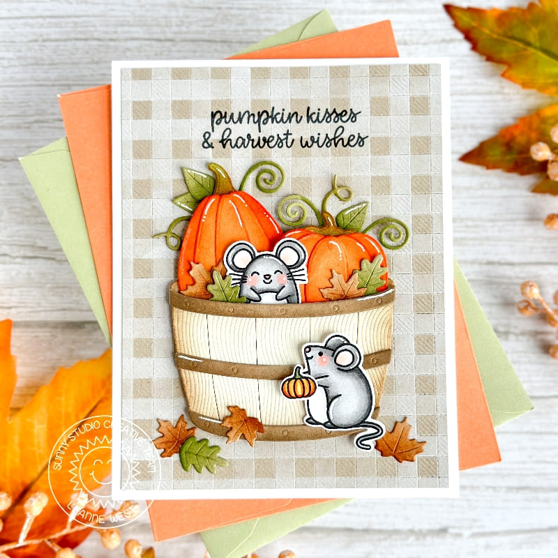 Sunny Studio Stamps Mice with Fall Pumpkins in Barrel Kraft Gingham Autumn Card using Wood Barrel Metal Cutting Craft Dies