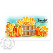 Sunny Studio Crisp Leaves & Pumpkins in Wood Barrel Slimline Fall Thank You Card using Pretty Pumpkins Clear Layering Stamps