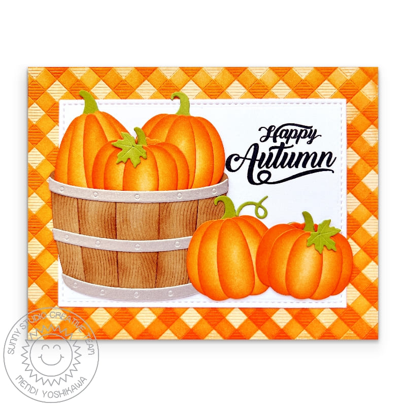 Sunny Studio Stamps Happy Autumn Pumpkins in Wood Barrel Orange Gingham Fall Card using Buffalo Plaid Diagonal Background Die