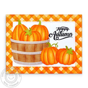 Sunny Studio Stamps Happy Autumn Pumpkins in Wood Barrel Orange Gingham Fall Card using Diagonal & Straight Stripes Stencils