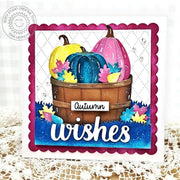 Sunny Studio Stamps Autumn Wishes Colorful Pumpkins in Wood Barrel Fall Card using Pumpkin Patch Metal Cutting Craft Dies