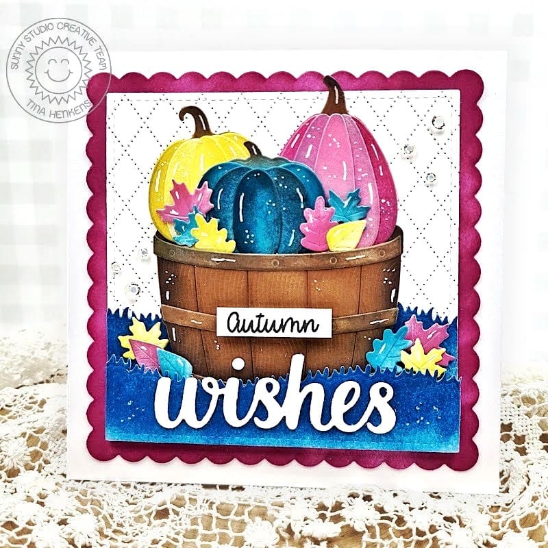 Sunny Studio Stamps Autumn Wishes Colorful Pumpkins in Wood Barrel Fall Card using Pumpkin Patch Metal Cutting Craft Dies