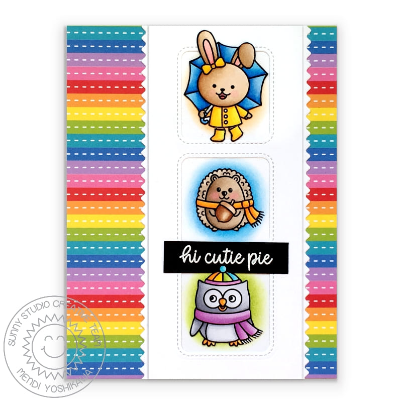 Sunny Studio Stamps Rainbow Striped Hello Cutie Pie Bunny, Hedgehog & Owl Critter Card (using Surprise Party 6x6 Paper Pad)