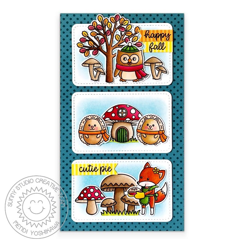 Sunny Studio Happy Fall Cutie Pie Owl, Hedgehogs, & Fox 3 Autumn Scenes Slimline Card using Woodsy Autumn Clear Craft Stamps