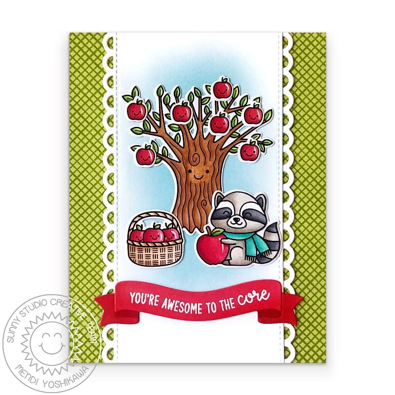 Sunny Studio You're Awesome to the Core Raccoon with Apple Tree Handmade DIY Fall Card using Happy Harvest Clear Craft Stamps