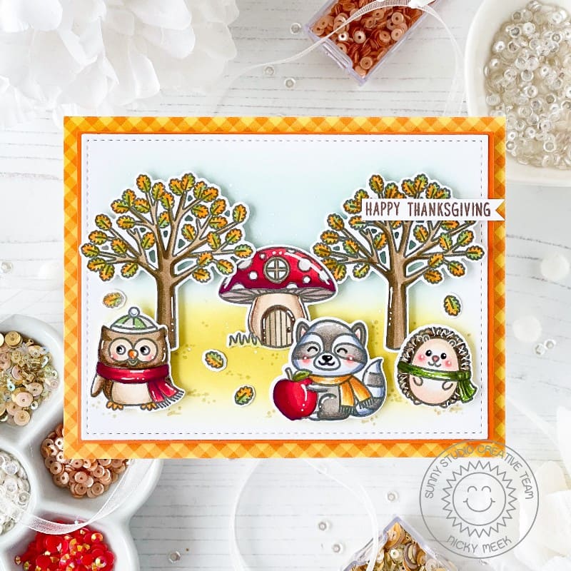 Sunny Studio Raccoon, Owl, & Hedgehog with Mushroom House DIY Fall Thanksgiving Card using Woodsy Autumn Clear Craft Stamps