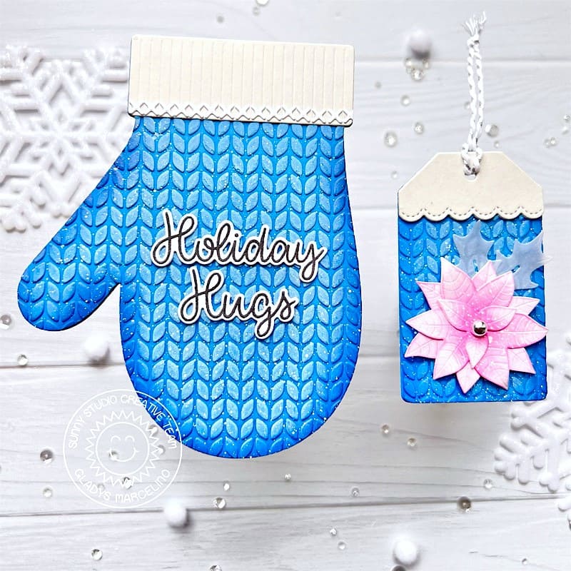 Sunny Studio Stamps Blue Cable Knit Mitten Shaped Winter Holiday Christmas Card & Gift Tag using Woolen Mitten Cutting Dies