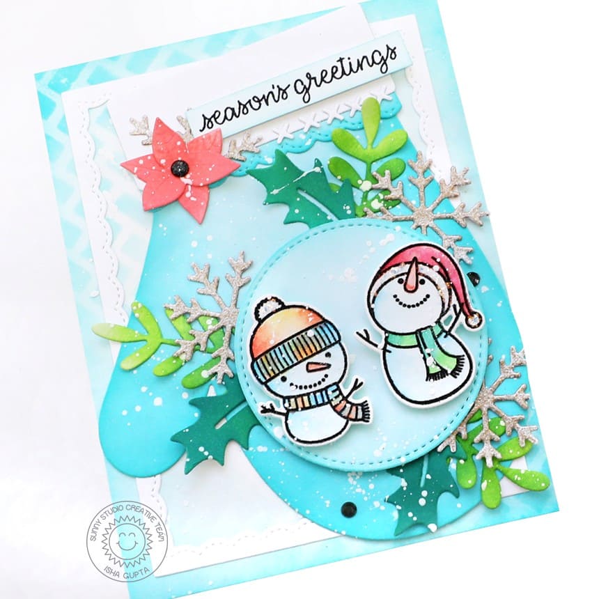 Sunny Studio Stamps Snowman Snowmen Mitten Season's Greetings Holiday Christmas Card using Woolen Mitten Metal Cutting Dies