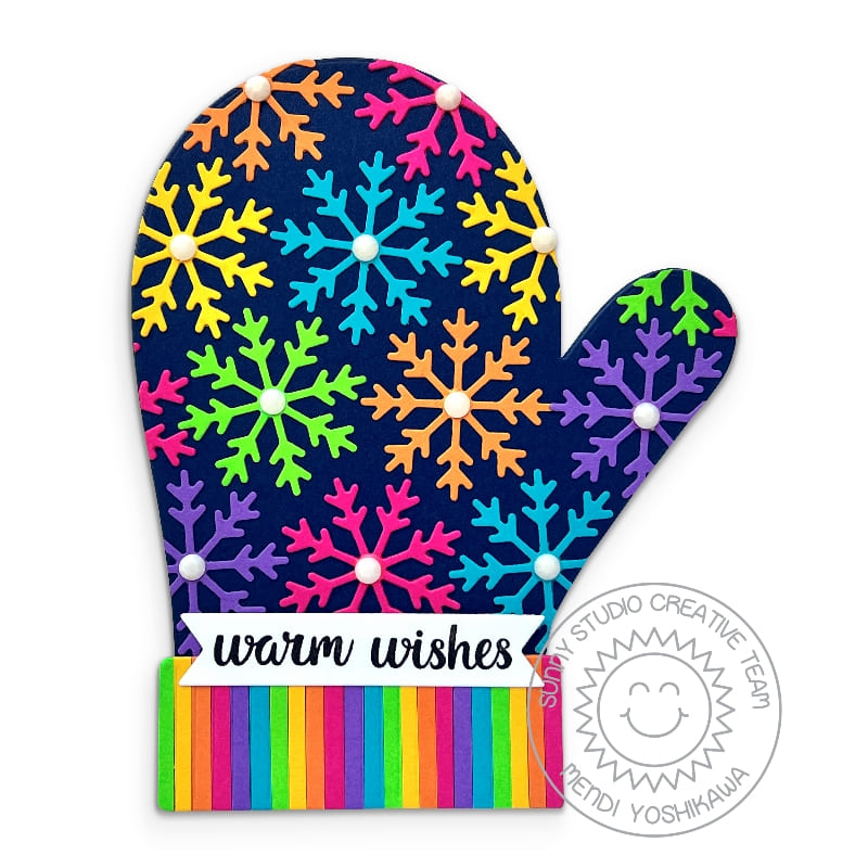 Sunny Studio Stamps Colorful Rainbow Snowflake Mitten Holiday Christmas Card (using Woolen Mitten Metal Cutting Dies)