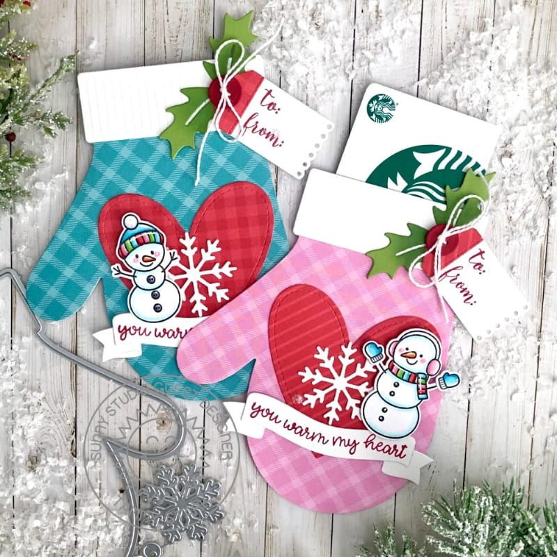 Sunny Studio Stamps Red Heart Snowman Mitten Winter Holiday Christmas Gift Card Holder using Woolen Mitten Metal Cutting Die