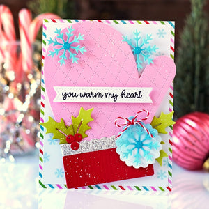 Sunny Studio You Warm My Heart Snowflake & Holly Pink Mitten Holiday Christmas Card (using Dotted Diamond Portrait Metal Dies)
