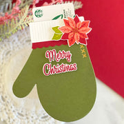 Sunny Studio Red Poinsettias Green Mitten Shaped Holiday Christmas Card using Pretty Poinsettia Clear Layering Stamps