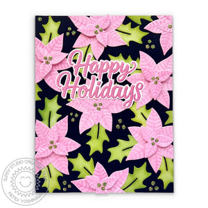 Sunny Studio Stamps Pink & Black Poinsettia & Holly Happy Holidays Christmas Card (using Woolen Mitten Metal Cutting Dies)