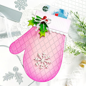 Sunny Studio Stamps Pink Mitten Shaped Gift Card Pocket Christmas  Card with Holly (using Woolen Mitten Metal Cutting Dies)