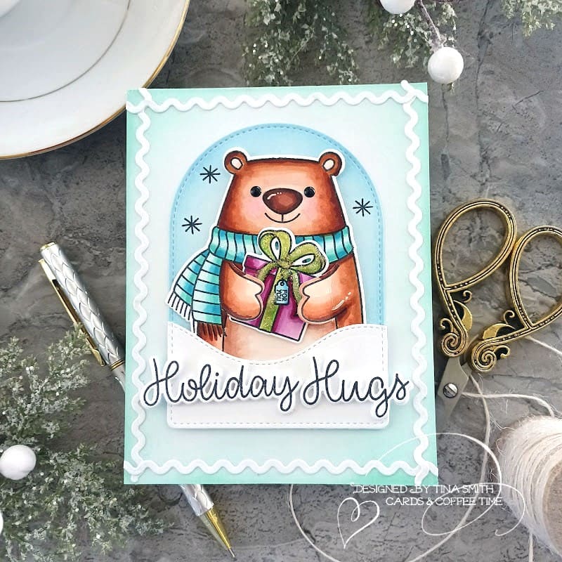 Sunny Studio Stamps Brown Bear Holding Gift with Ric Rac Trim Frame Christmas Card (using Icing Border Metal Cutting Dies)