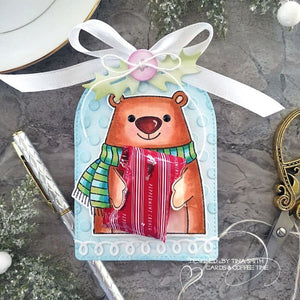 Sunny Studio Brown Bear Holding Wrapped Peppermint Candy Christmas Gift Tag (using Holiday Hugs 4x6 Clear Stamps)