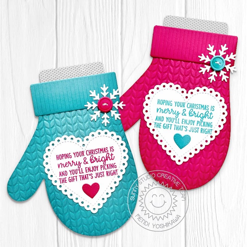 Sunny Studio Winter Mitten Shaped Handmade Holiday Christmas Card using Inside Greetings Seasons Clear Sentiment Craft Stamps