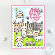 Sunny Studio Sheep with Fence & Tulip Flowers Pink Scalloped Spring Easter Card using Woolly Friends 4x6 Clear Craft Stamps