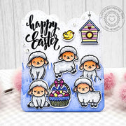 Sunny Studio Sheep with Birdhouse Scalloped Cloud Shaped Spring Easter Card using Woolly Friends 4x6 Clear Craft Stamps