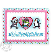 Ice-skating penguins pink & aqua DIY "Winter Wishes" scalloped polka-dot holiday Christmas card.