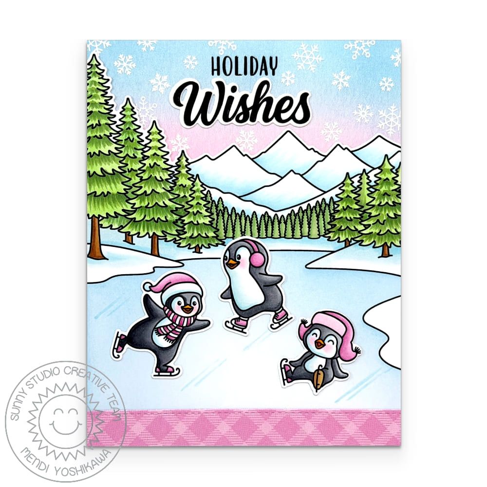 Penguins ice-skating on a frozen pond with fir trees & mountains scene, pink handmade winter holiday Christmas card.
