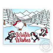 Penguins & polar bear ice-skating snowy "Winter Wishes" holiday scene Christmas card.