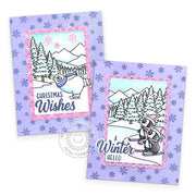 Polar bear and penguins in a snowy winter holiday scene, with pink scallops and lavender snowflake-print Christmas cards.