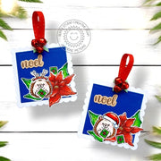 Scalloped square Christmas tags featuring a blue background, the word 'noel' in gold, a holiday hedgehog, & red poinsettias.