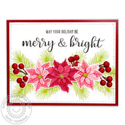 Sunny Studio Stamps Festive Greetings handmade Christmas card featuring layered poinsettias and Merry & Bright sentiment.