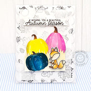 Sunny Studio Stamps "Wishing You A Beautiful Autumn" fox fall card with colorful pumpkins and a stamped leaves background.