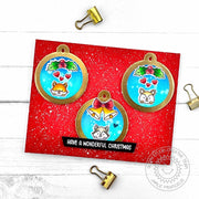 Three gold round holly & critters holiday tags on a red card, with the greeting 'HAVE A WONDERFUL CHRISTMAS' at the bottom.