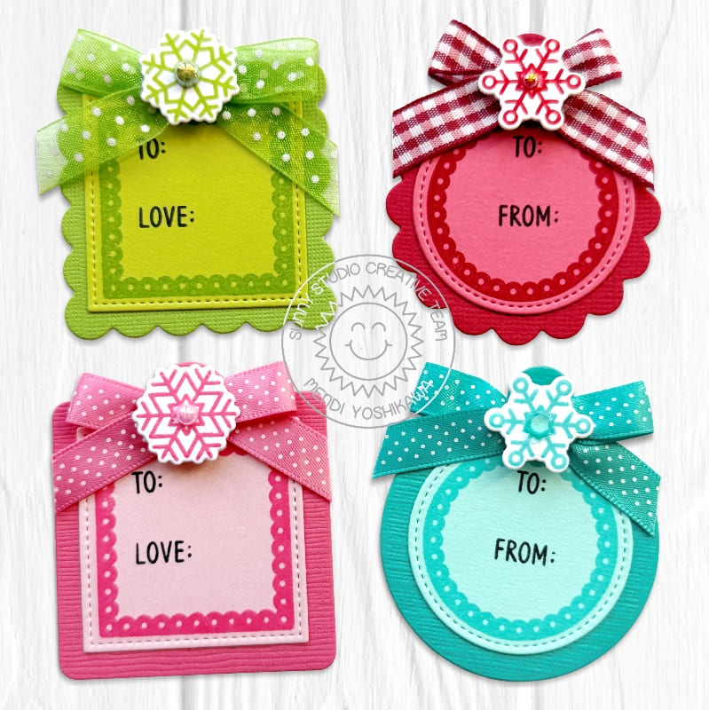 Red, pink, aqua, & green monochromatic square and circular Christmas holiday gift tags decorated with bows and snowflakes.